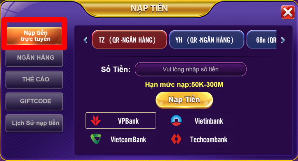 Nạp tiền trực tuyến tại 68gb